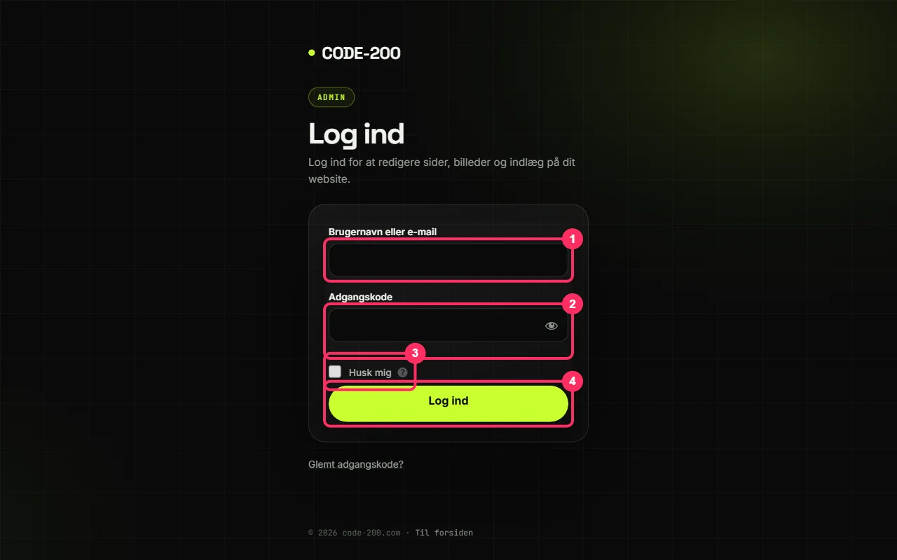 Login-siden: brugernavn eller e-mail, adgangskode, Husk mig og Log ind