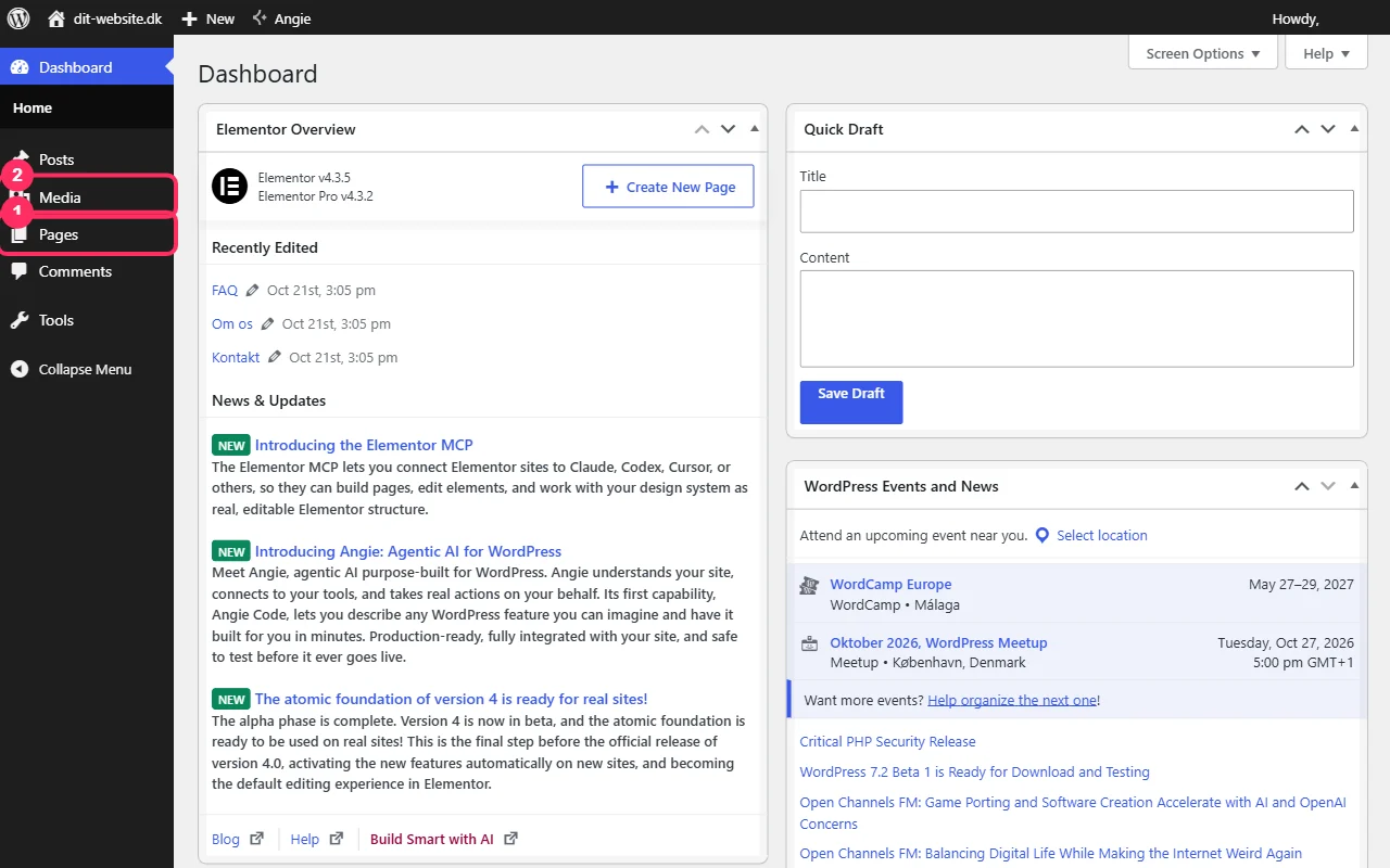 WordPress kontrolpanel med menupunkterne Sider og Medier markeret