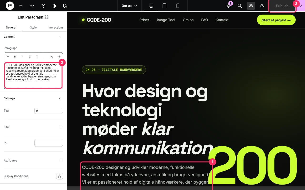 Elementor-editoren: klik på teksten, ret den i panelet til venstre og klik Publish