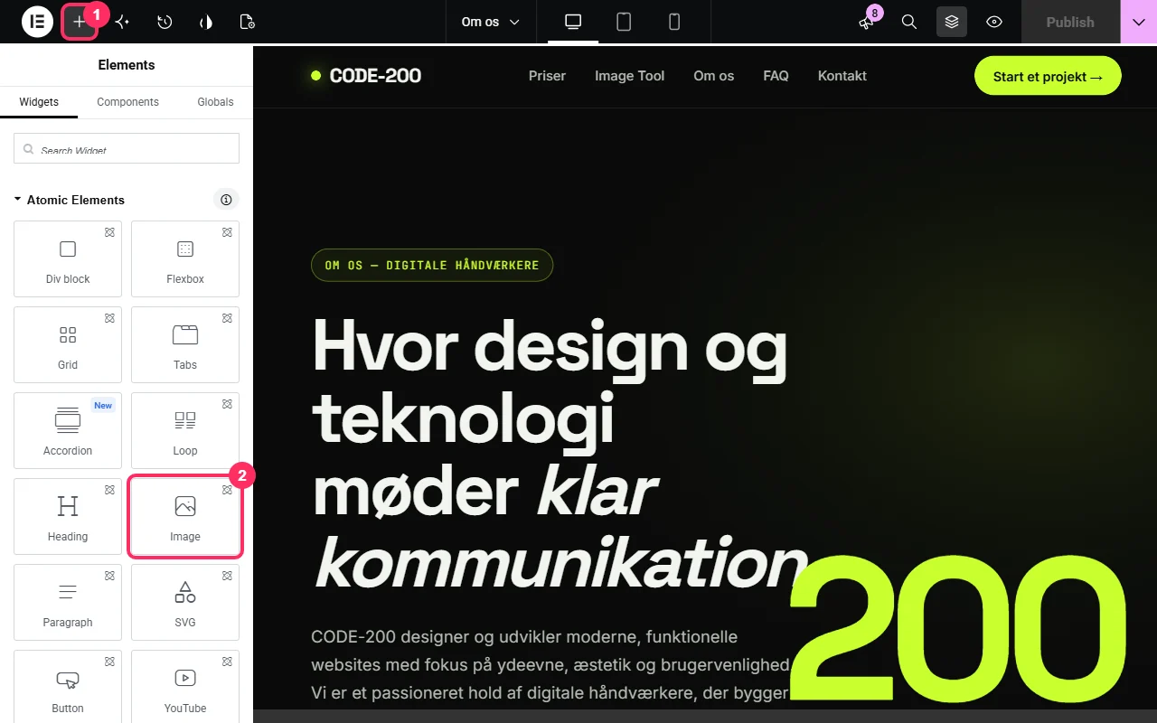 Elementor: klik på plus-knappen og træk widgetten Image ind på siden