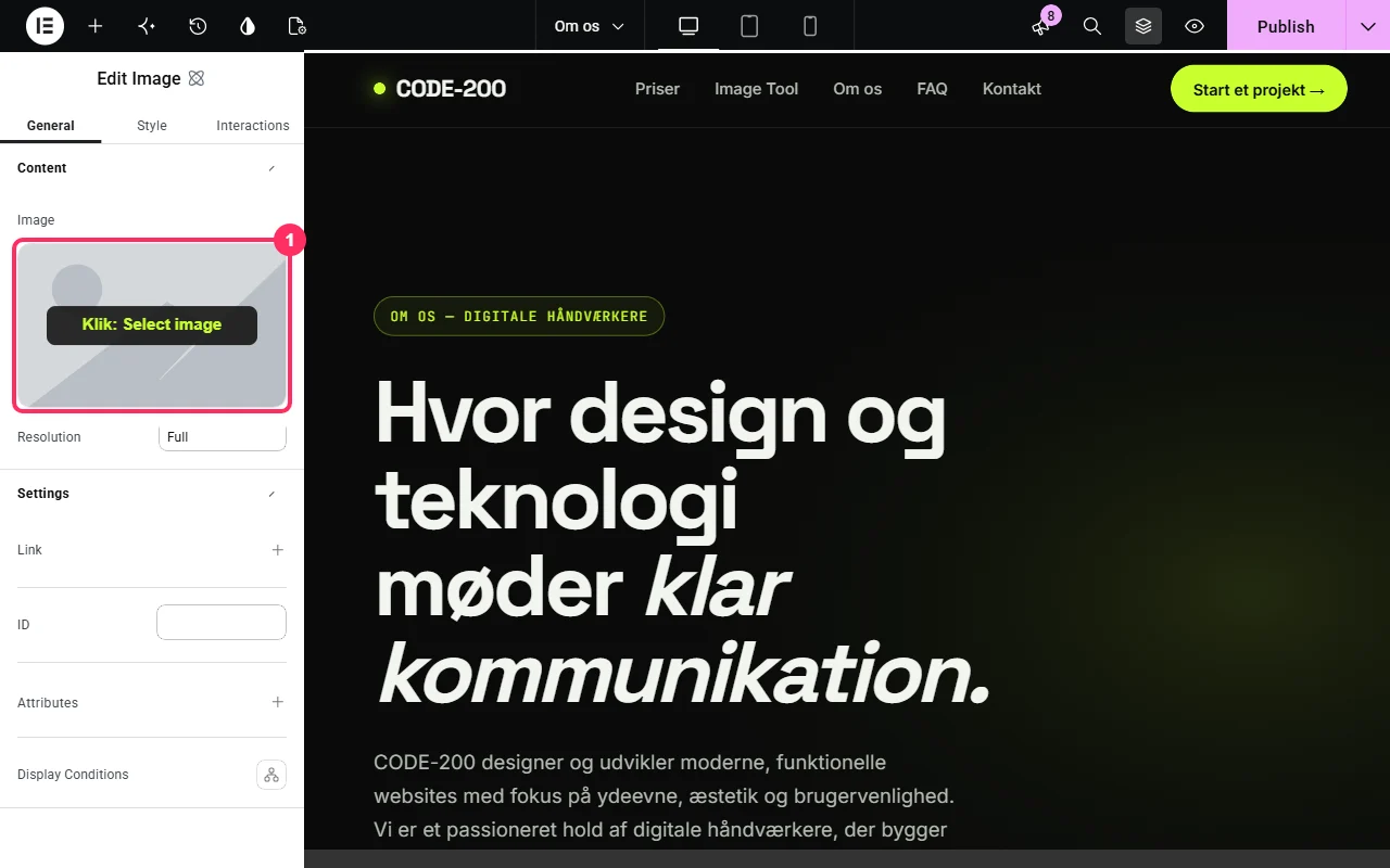 Elementor: klik i billedfeltet for at vælge et billede fra Mediebiblioteket