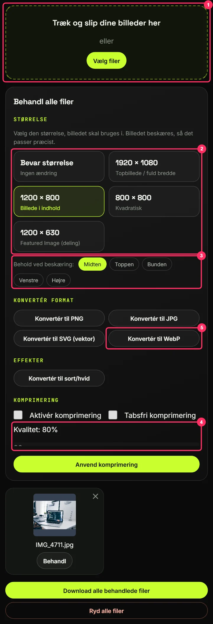 Image Tool: vælg billede, størrelse, beskæring, kvalitet og konvertér til WebP