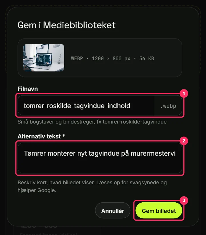 Gem i Mediebiblioteket: filnavn, alternativ tekst og Gem billedet