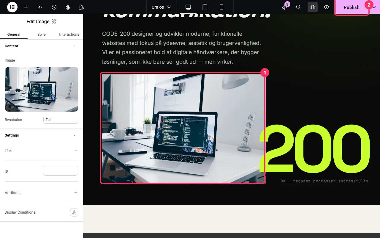 Billedet er sat ind på siden. Klik Publish for at gemme ændringerne