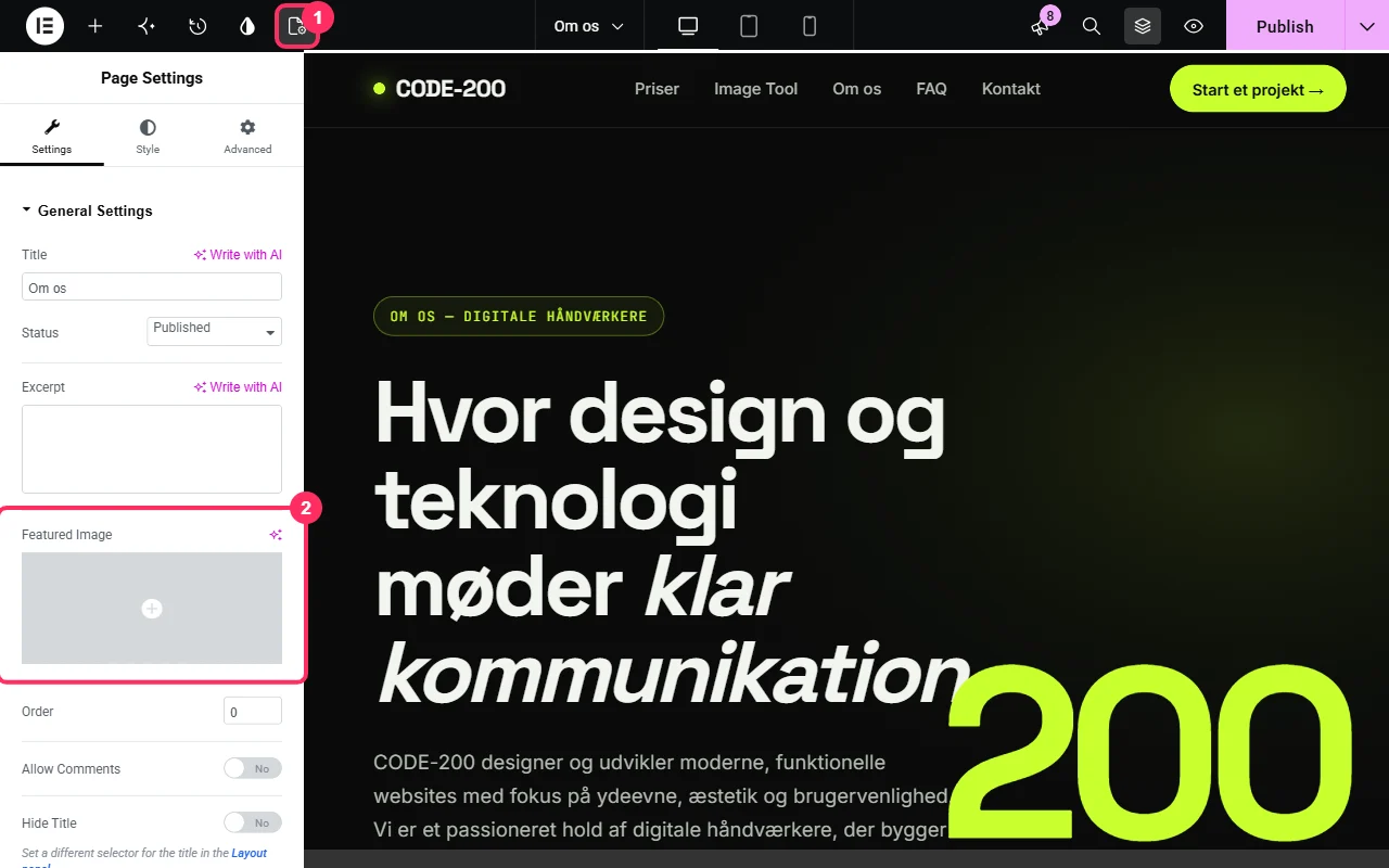 Elementor Page Settings: åbn sideindstillinger og vælg Featured Image