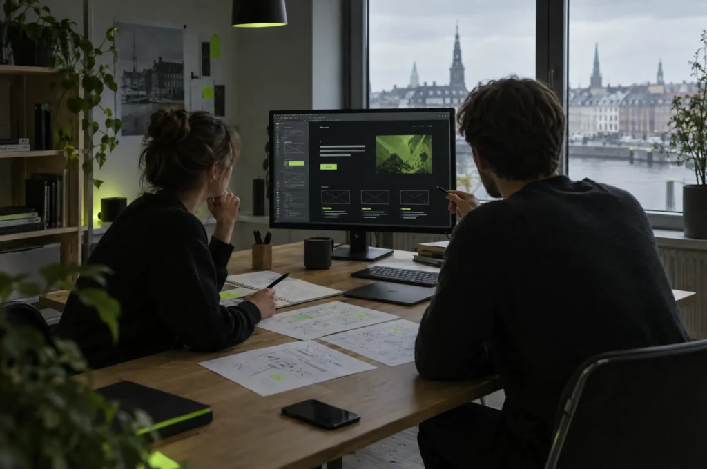 Webbureau i København: CODE-200 arbejder på et nyt website til en kunde i studiet med udsigt over byen